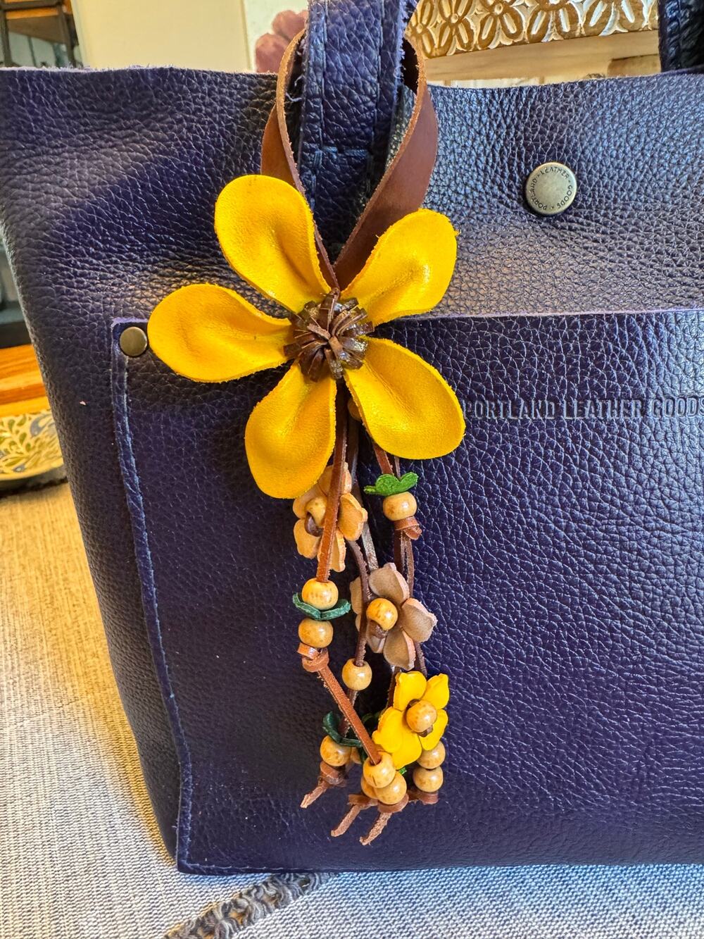 Yellow Daisy Flower Bag Charm Genuine Leather Purse Charm Flowers